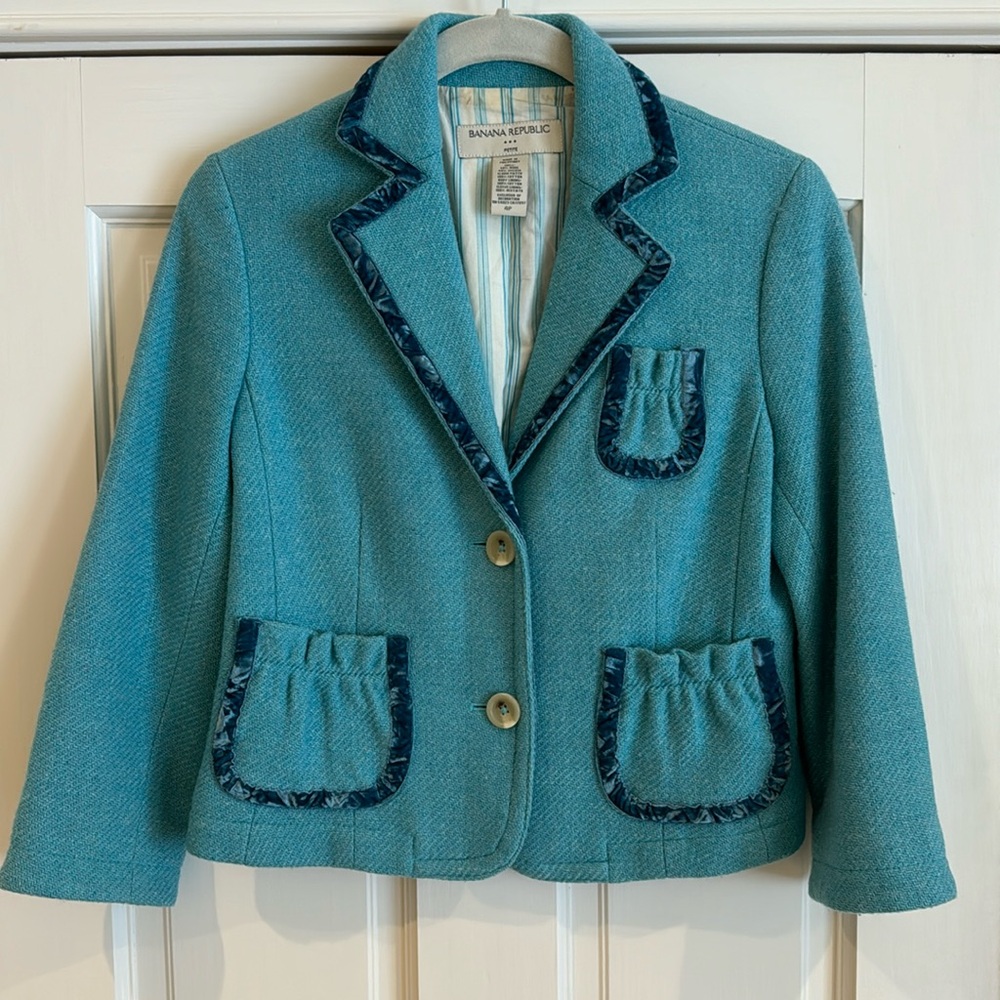 Banana Republic | Teal Tweed Blazer Corduroy Elbow Patch Velvet Trim | 4P